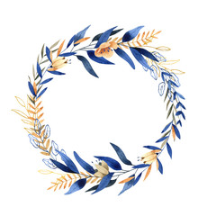 Fototapeta na wymiar Wreath - hand painted watercolor illustration in deep blue and gold shades