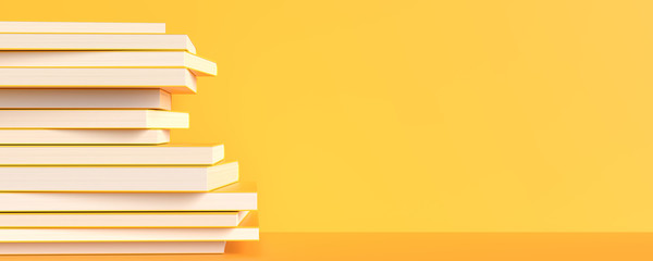 Yellow books isolated on yellow background with copy space. Creative background for education or business concept design. with text space. 3D illustration