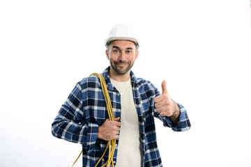 handsome young caucasian man construction worker electrician isolated on a white background