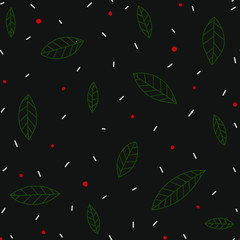 Seamless pattern with leaves, dashes and dots. Green, red, light gray on a black background.