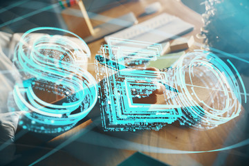 Multi exposure of woman's hands making notes with SEO icon. Concept of Search engine optimization