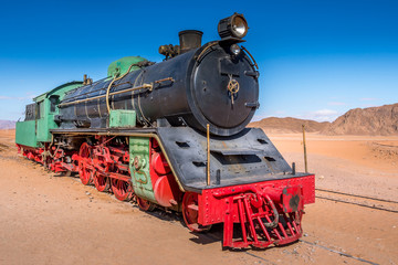Fototapeta na wymiar Old abandoned locomotive in Wadi Ram.Jordan, Wadi Ram.January, 31, 2020