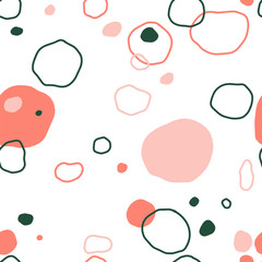 Colorful abstract seamless pattern. Repeat pattern of red, rosy and dark green spots.
