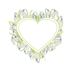 Romantic spring frame with snowdrops on the outer edge on a white isolated background. Watercolor painting.