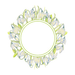 Romantic spring frame with snowdrops on the outer edge on a white isolated background. Watercolor painting.