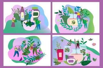 People create new cosmetic natural product on hand drawn cosmetics vector illustration. Tiny man, women bring leaves, flowers, berries, natural ingredients. Person grow, water plants for cosmetics