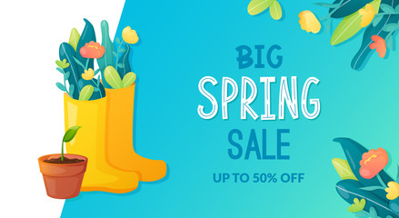 Spring sale ad text and garden flowers bouquet.