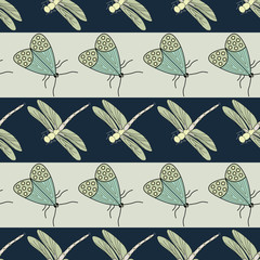 Vector Green Yellow Dragonflies and Moths on Blue Brown Stripes Seamless Repeat Pattern. Background for textiles, cards, manufacturing, wallpapers, print, gift wrap and scrapbooking.