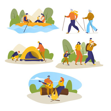 Man, women, children hiking travel outdoors on vector hike trekking illustration isolated on white. Family camping, rafting, hiking, sitting at campfire, make photos, kayaking, mountain biking