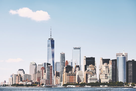 New York City Skyline On A Beautiful Sunny Day, Color Toning Applied, USA.