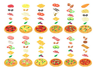 Pizza constructor with kinds food in vector isometric illustration make in pizzeria isolated on white. Pieces meat, sausages, cheese, vegetables, fish and olives, sauce. Slice of greens, pineapple