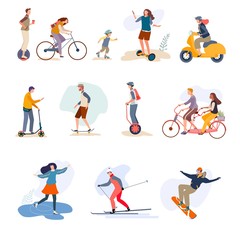 Fototapeta na wymiar Men, women, child riding outdoor on character hand drawn vector illustration isolated on white. People ride on bikes, scooter, segway, unicycle in summer, skiing, skates, snowboarding in winter.