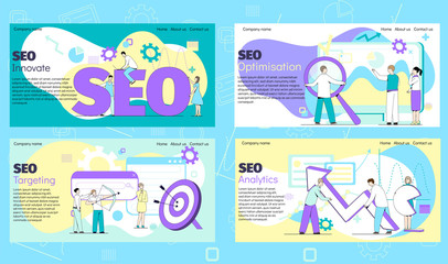 Seo internet banner for business web, site, website on vector web illustration with working people. Landing page design with innovate, optimization, targeting, analytics. Concept for web banner.