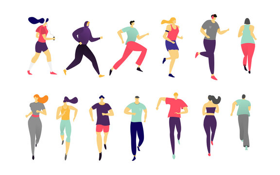 Man, women running on sports jogging activity people vector hand drawn fitness workout illustration isolated on white. Runners character group in motion. Active athlete people runner race, marathon.