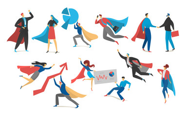 Superhero actions icon set in cartoon colored style different poses vector illustration. Hero person isolated concept, power in business, success teamwork, office life, annual report