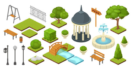 landscape garden outdoor nature elements in vector isometric park illustration isolated on white. Gardening ecology summer set with trees, bushes, bench and bridge. Gardening alcove, lantern, fence