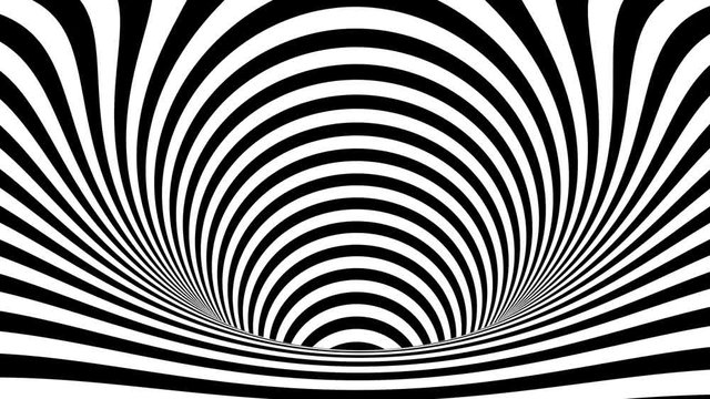 geometric black and white illusion background. Movement in depth. Optical striped funnel, background from moving deep into striped circles.
