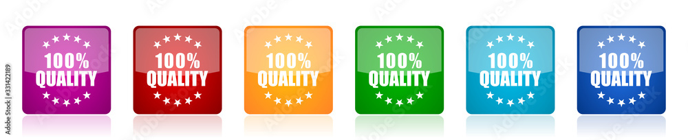 Aufkleber quality icon set, colorful square glossy vector illustrations in 6 options for web design and mobile