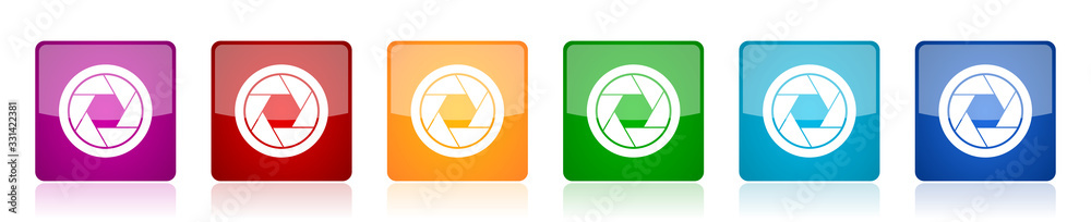 Aufkleber photo shutter icon set, camera, photography colorful square glossy vector illustrations in 6 options