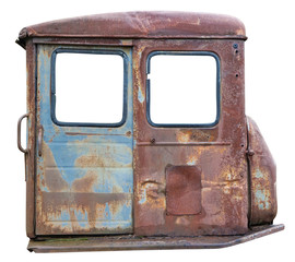 Crumpled rusty metal door of  the diesel  retro vintage  tractor isolated