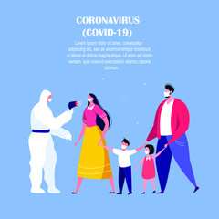 Coronavirus Epidemic Warning.Novel COVID 2019,Family Parents,Children in Medical Face Mask do Analysis on Quarantine.Man in Protective Suit with Test Safety Facility,Equipment.Flat Vector illustration
