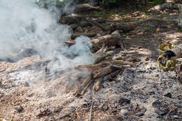 Smoke from the coals of a non-burning bonfire