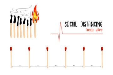Concept vector art of social distancing. Matches continuous burned by close each other. People who closing may be infect disease as COVID-19 or any epidemic.