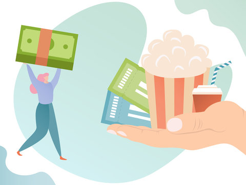 Hand with ticket and popcorn offer entertainment for woman with money, vector illustration of ordering and booking in cinema or theatre. Flat design of purchasing invitation for event