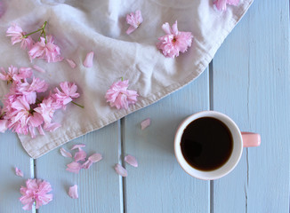 Pink sakura flower blossom on blue rustic wooden table on beige linen tablecloth background. Flat lay, top view. Spring rustic composition.