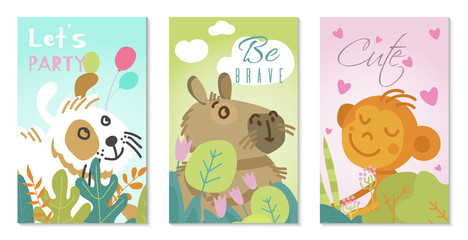 Fototapeta premium Vector Illustration of cute animals with banner blank sign lets party for white puppy or cat, be brave for rabbit and cute monkey on white background. design cartoon character happy baby pets on card.