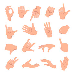 Set of hands in different gestures , hand showing signal or sign collection, isolated vector illustration