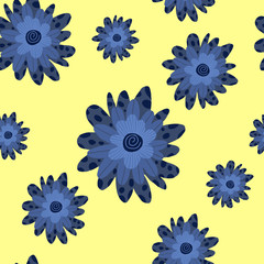 Seamless floral pattern. Abstract spring print. Flowers on a yellow background in cartoon style. Stock windy illustration