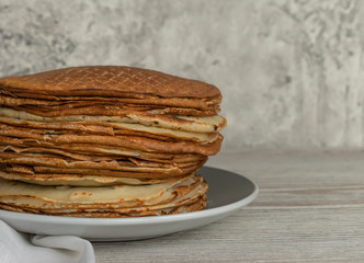 Homemade thin fresh crepes for breakfast or dessert. Close up