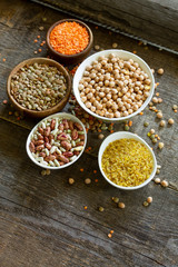 Diet and healthy eating concept, vegan protein source. Raw of legumes (chickpeas, red lentils, canadian lentils, beans, bulgur) on wooden table. Copy space.
