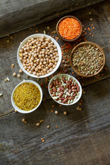 Diet and healthy eating concept, vegan protein source. Raw of legumes (chickpeas, red lentils, canadian lentils, beans, bulgur). Top view on a flat lay. Copy space.