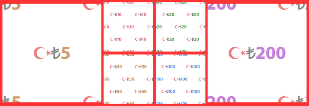 Set Of Seamless Patterns Without A Mask. Fuzzy Numbers Staggered From 5 To 200 And The Symbol Turkish Lira And Emblem