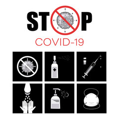 Stop COVID-19. Set icons. Coronavirus 2019 warning. No Infection.  Protection, disinfection. Vector illustration for science and medical use, informing, preventing spreading infections.	