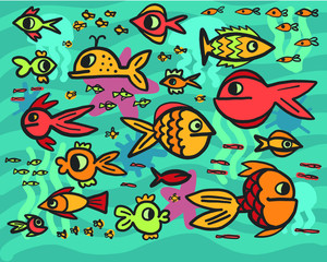 Fototapeta na wymiar vector pattern illustration, background on a marine theme, fish in the sea, plankton, algae and the deep sea