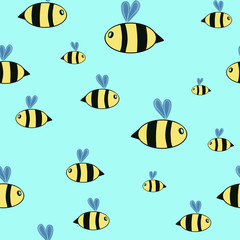 seamless pattern with flying bees on blue background. Honey, stationery, kids design. Packaging, dessert, kitchen, cooking, print, textile design