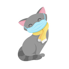 Cute cat wearing medical mask because of Coronavirus or air pollution or virus epidemic in the city isolated on white background. Place for text, free space. Vector flat illustration for children.