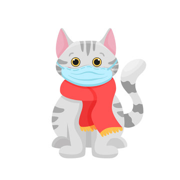 Cute cat wearing medical mask because of Coronavirus or air pollution or virus epidemic in the city isolated on white background. Place for text, free space. Vector flat illustration for children.