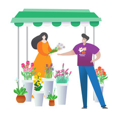 Young man buy or choose the best bouquet of different flowers for your girl in shop isolated on white vector, illustration. Florist saleswoman sale flower customer in market, summer time. Cartoon