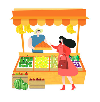 Sellerman sale different fresh fruit customer in market isolated on white, illustration vector. Woman buy raw food in supermarket, female selling ingredients from farm. Eat local healthy lifestyle.