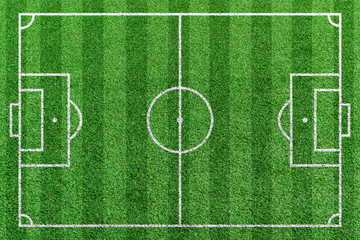 Top view stripe grass soccer field. Green lawn with white lines pattern background. © banphote