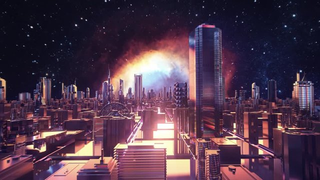 Futuristic landscape, motion in virtual space and the background of an exploding star and a city. Stock animation. Flying above the abstract beautiful city, streets and buildings against the galaxy.