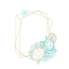 Fototapeta na wymiar Seashell and marine algae package label, vector modern premium golden frame design. Ocean seashell and sea minerals product, corals and starfish in gold foil circle wreath