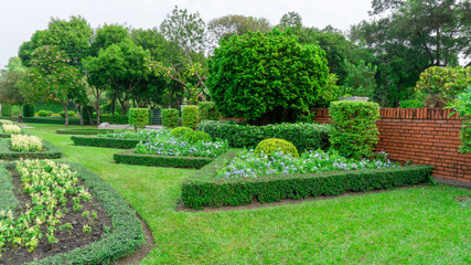 Gardens with geometric shape of bush, decoration flowering plant blooming, green leaf of Philippine tea plant, greenery trees on background under cloudy sky, in a good care landscapes of a public park