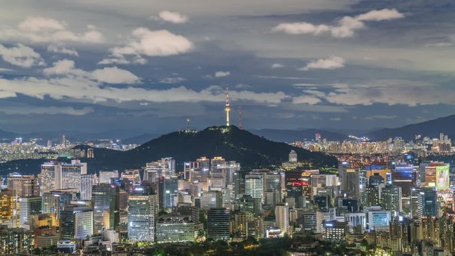 Night time lapse view of Seoul city with lighting from Seoul Tower, Seoul South Korea.