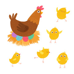 Set of cute little chickens with their mother. Easter scene. Cartoon vector hand drawn eps 10 illustration isolated on dark background in a flat style.