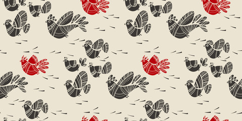 Linocut style spring birds folk vibes seamless pattern